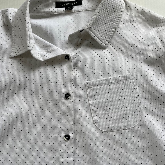 PERIPHERY Black Dotted Over White Sleeve Blouse High Low Hem Button Up Size 10 - Picture 5 of 9